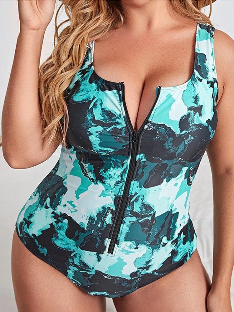 Plus Size Swimsuit One Piece Zipper Front Military Printing Swimsuits Woman 2024 Big Size Swimwear Bikinis