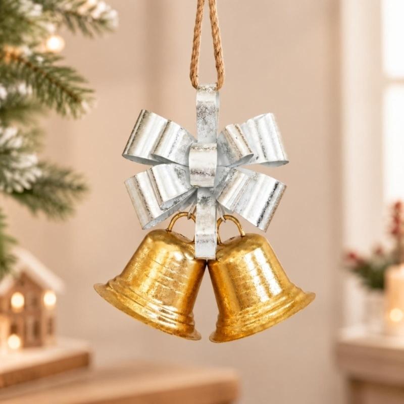 Three-Dimensional Metal Christmas Bowknot Decoration with 2 Iron Bells and Top Hanging Loop for Storefronts and Hotel Lobbies