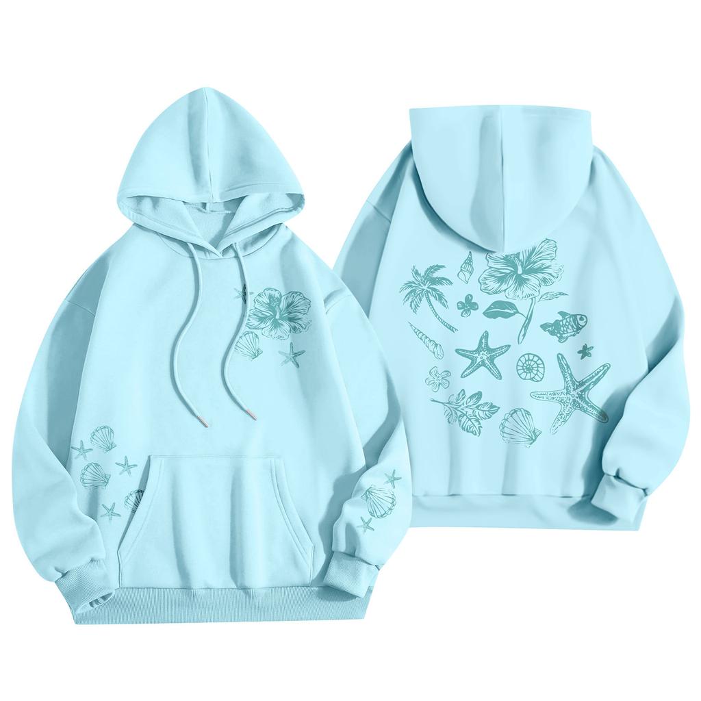 Damenmode Damen Leichter Langarmpullover mit Taschen Preppy Graphic Hoodie
