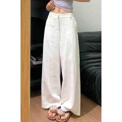 White Cotton Linen Pants Women Wide Leg Formal Trousers Summer Straight Leg Suit Pants High Waist Ladies Formal Pants Loose