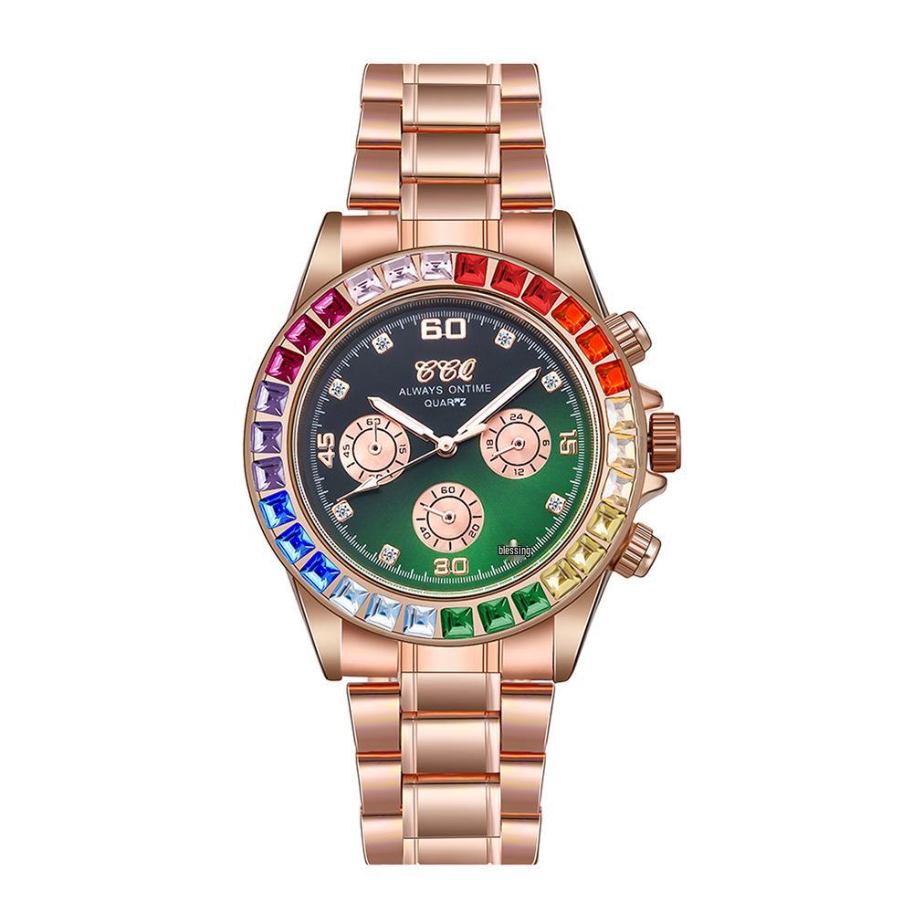Women s Fashion Rhinestone Steel Band Watch with Alloy Case & Colorful Rhinestones зелёный