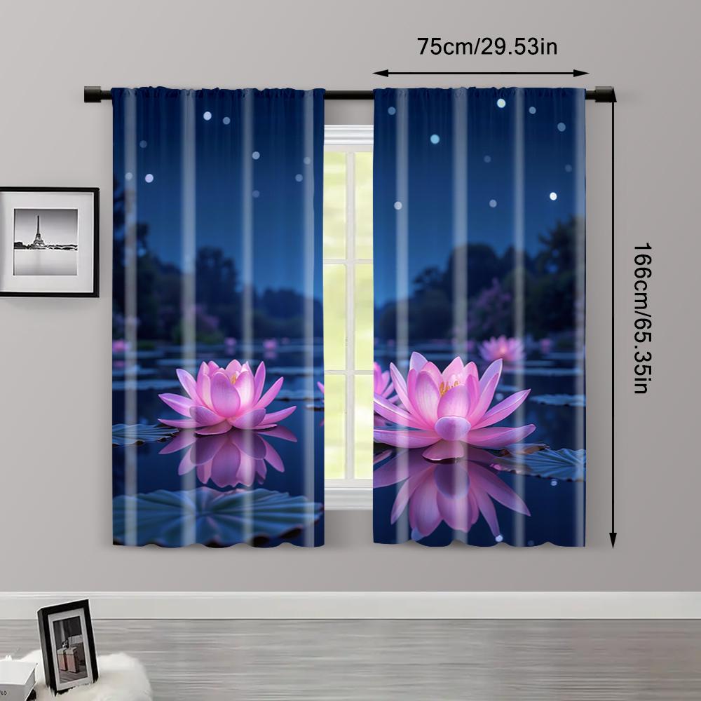 2pc,  Scene Curtains Elegant Pink Lotus Machine Washable Polyester,Without Electricity Wall Decor Suitable for Holiday Home