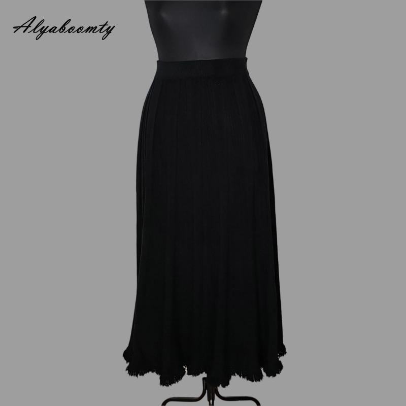 Moda Coreana Otoño Invierno Mujer Falda Maxi Larga Cintura Alta Beige Negro Punto Plisada Falda Tejida Flecos Elegante Femenina Faldas