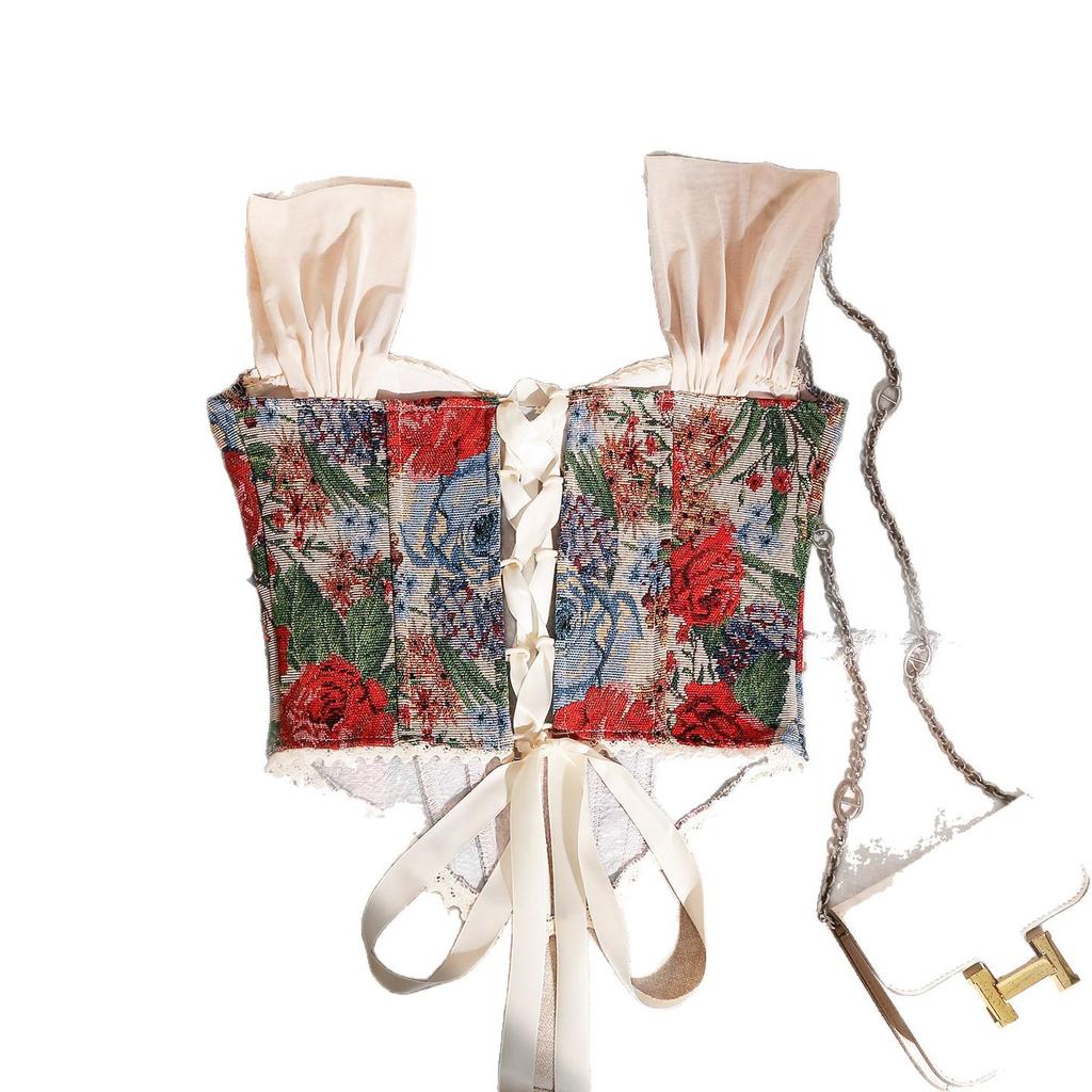 Tao Lina Vintage Print Corset Podkoszulek z Rybim Szkieletem: Damski top bandeau bez rękawów z pięknym tyłem na lato.