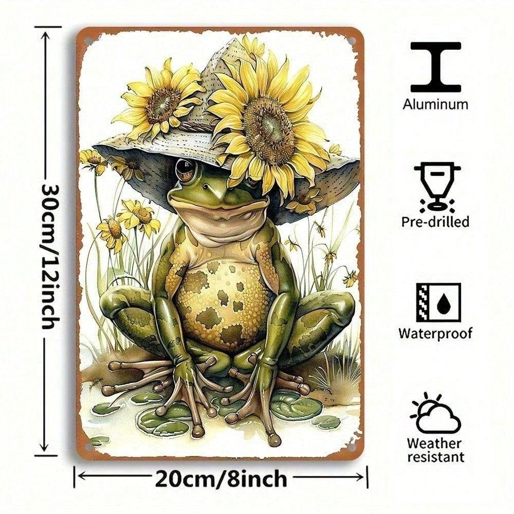 Vintage Frog Sunflower Hat Metal Wall Poster Garage Decor