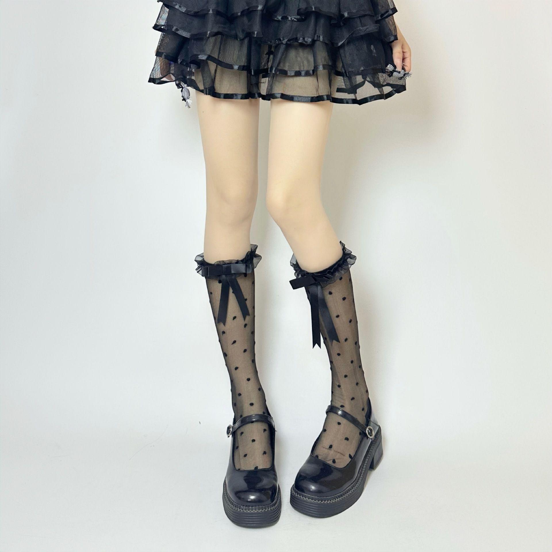 

Кружевные носки гольфы с оборками и бантом в горошек в стиле лолита для женщин | Летний тонкий стиль One Size