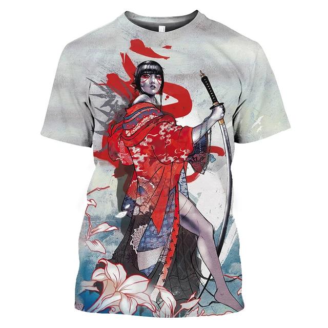 Summer Fashion Japanese Geisha Cool T Shirt Men Casual Fun Personality Harajuku Printed Round Neck Short Sleeve Streetwear Top