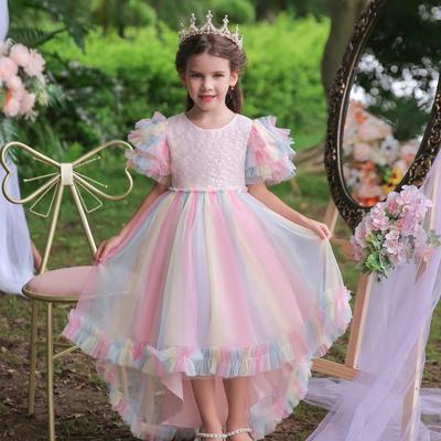 Robe de Performance de Piano pour Filles Robes d'Anniversaire Robe Bouffante pour Enfants Demoiselle d'Honneur Queue Traînante Mariage Été
