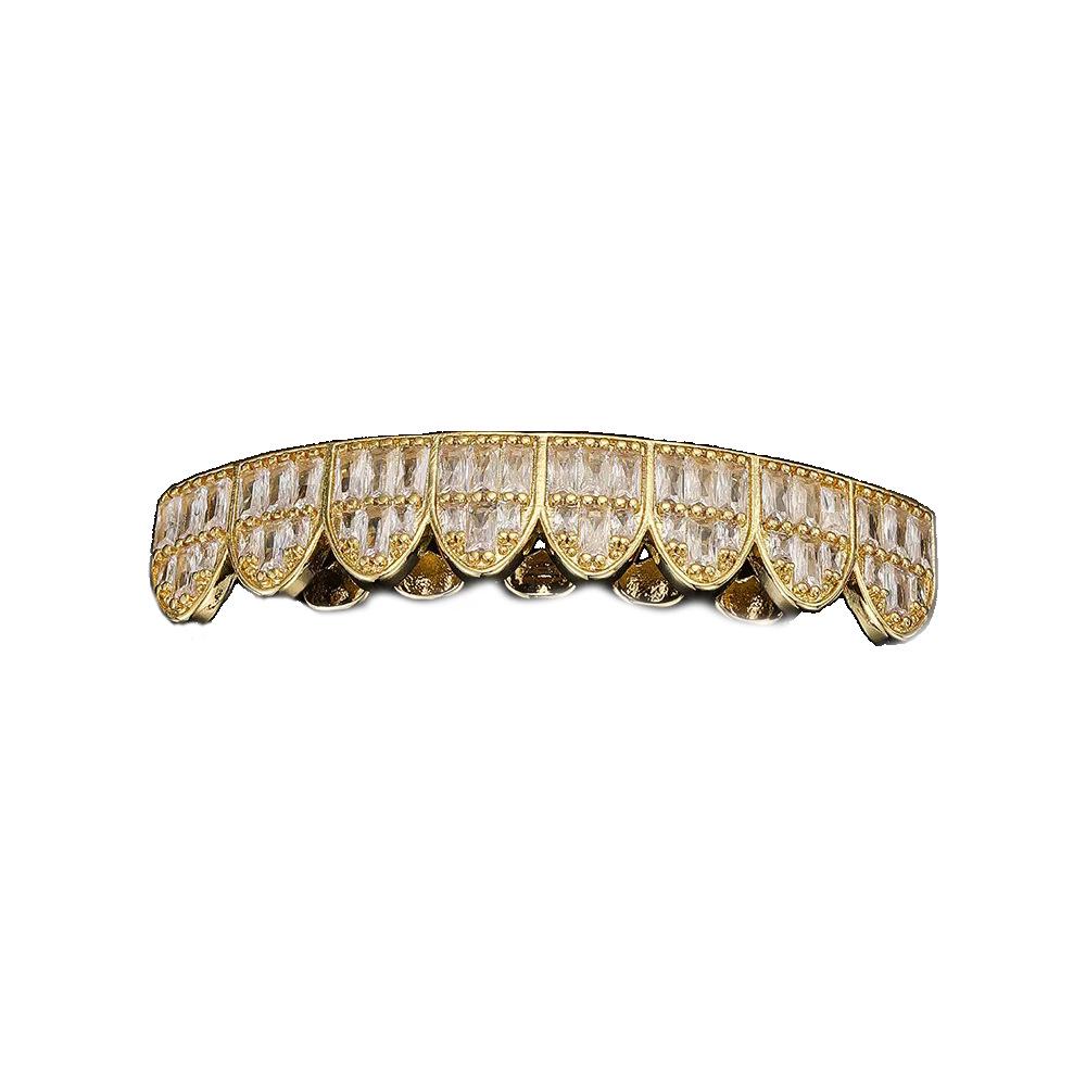European and American Trendy HIOHOP 18K Gold Plated Hip Hop Grillz with Copper Inlaid Square Rhinestones.