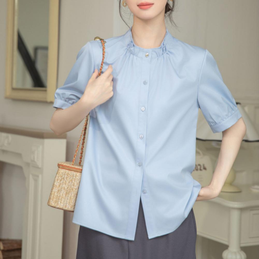 GMXIA Women's Blue Short Sleeve Shirt Summer Tops Premium Feeling Temperament Commuting Interview Career Small Shirt