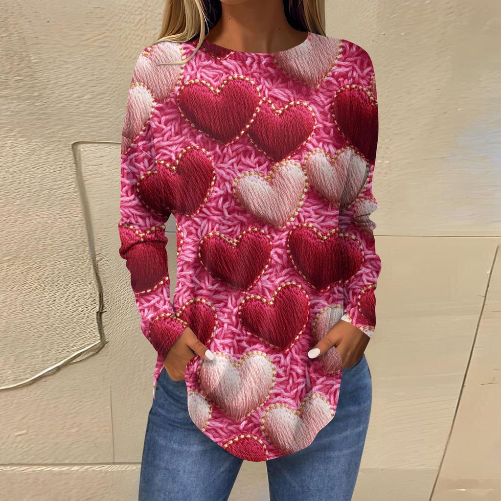 Damenmode Lockerer Rundhals Bedrucktes Langarm T-Shirt Top