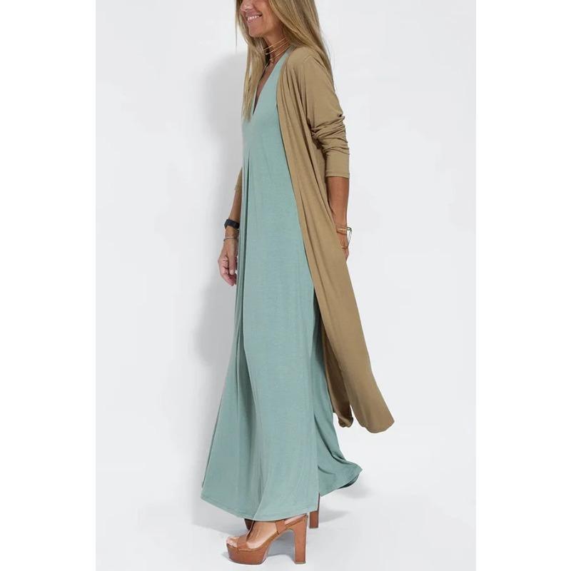 Moda Primavera Estate Cardigan Monocolore Manica Lunga Donna Lento Casual Stile Lungo Spacco Cappotto Signora Elegante