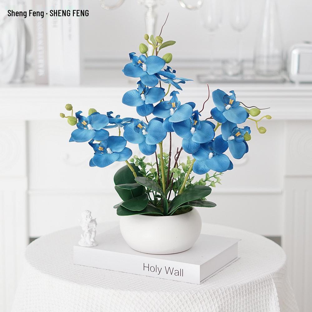 Phalaenopsis Artificial Flower Arrangement in Ceramic Pot – Decorative Faux Orchid for Living Room