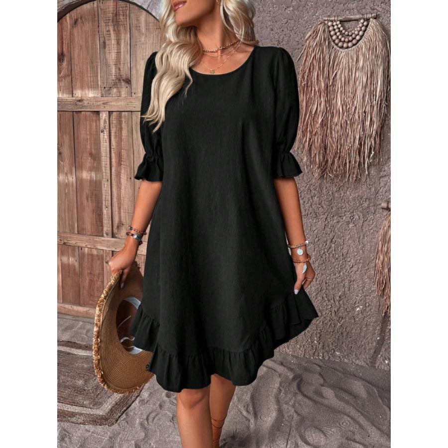 Spring Summer Women's Retro Cotton Hemp Mid Sleeve Round Neck Solid Color Loose Large Swing Casual Dresses