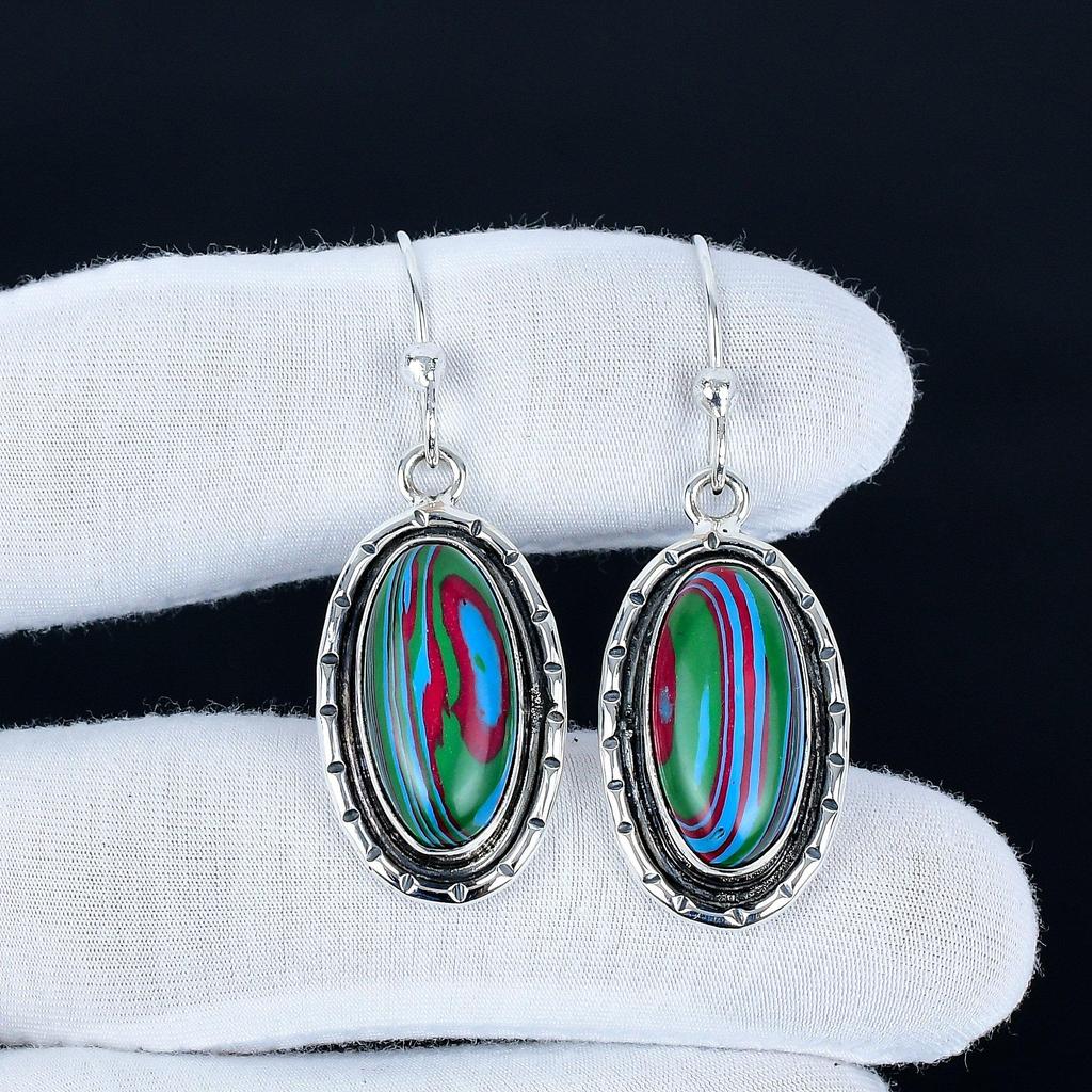 Rainbow Calsilica Gemstone Earrings, 925 Sterling Silver Earrings, Handmade Silver Earrings For Gift, Rainbow Calsilica Dangle Drop Earrings Wife Gift