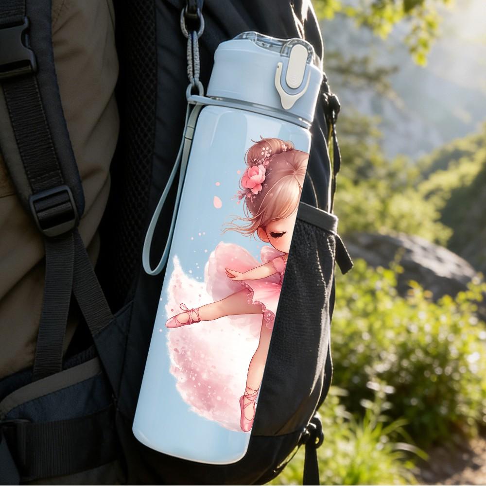 1PC Little Pink Ballerina Girl Print 750ml Color Plastic Sports Water Bottle Leakproof Flip Straw Lid Suitable for Sports Office Home Use