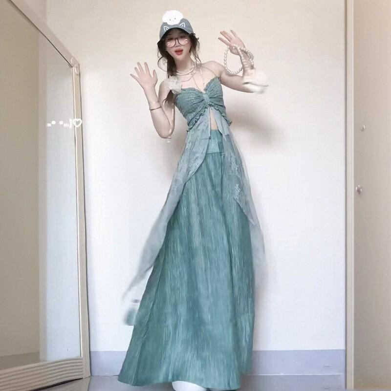 

Seaside vacation style summer wear women s irregular lace splicing suspenders long top high waist wide leg pants set S