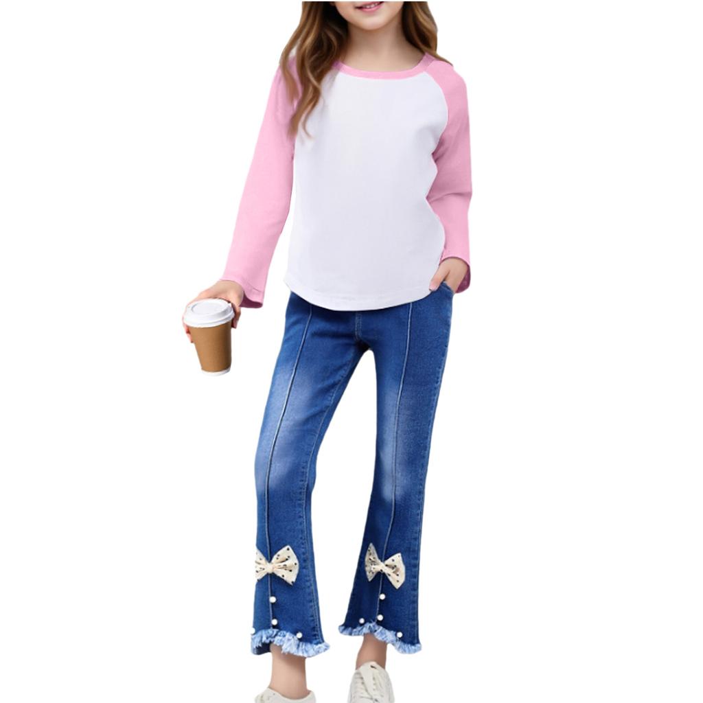 Girls' Raglan Tee Set - Long Sleeve & Jeans Outfit