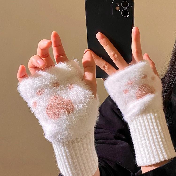 Cute Cat Claw Half Finger Plush Gloves for Women In New Autumn and Winter Plus Velvet Thickened Warm Wrist Protection for Touch Screen Writing