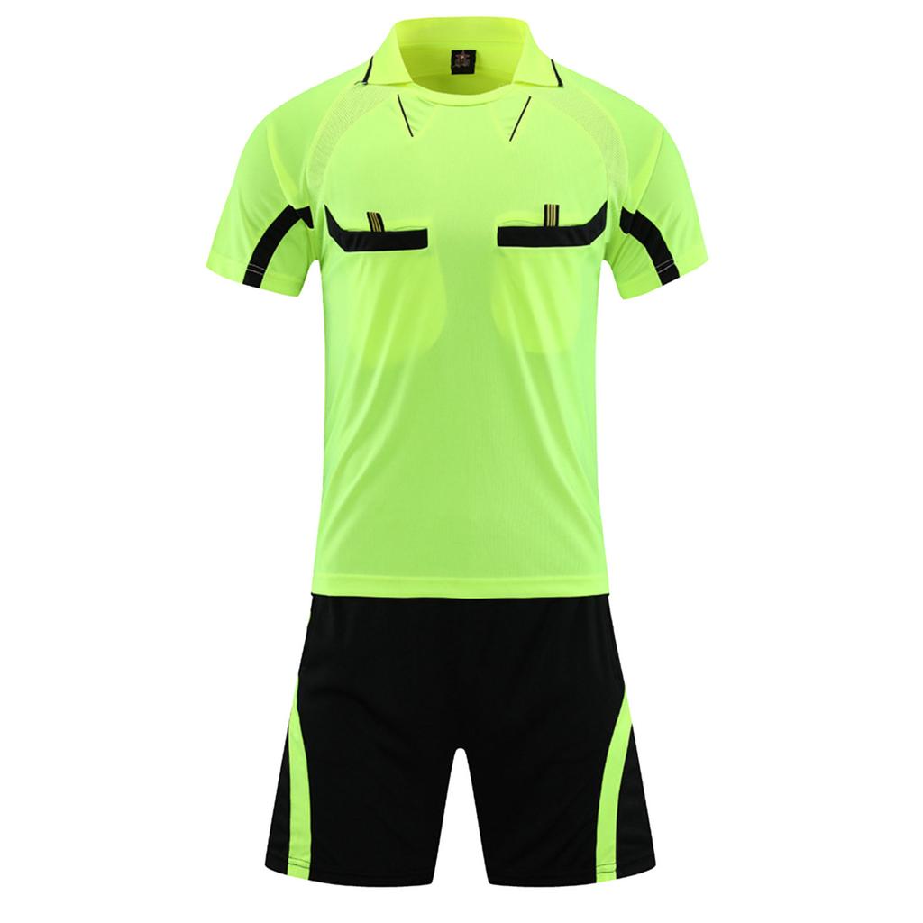 Herren Schiedsrichter Trainingsanzug Kontrastfarbe Umlegekragen Kurzarm Tasche T-Shirt Elastischer Bund Shorts Fußball Uniform