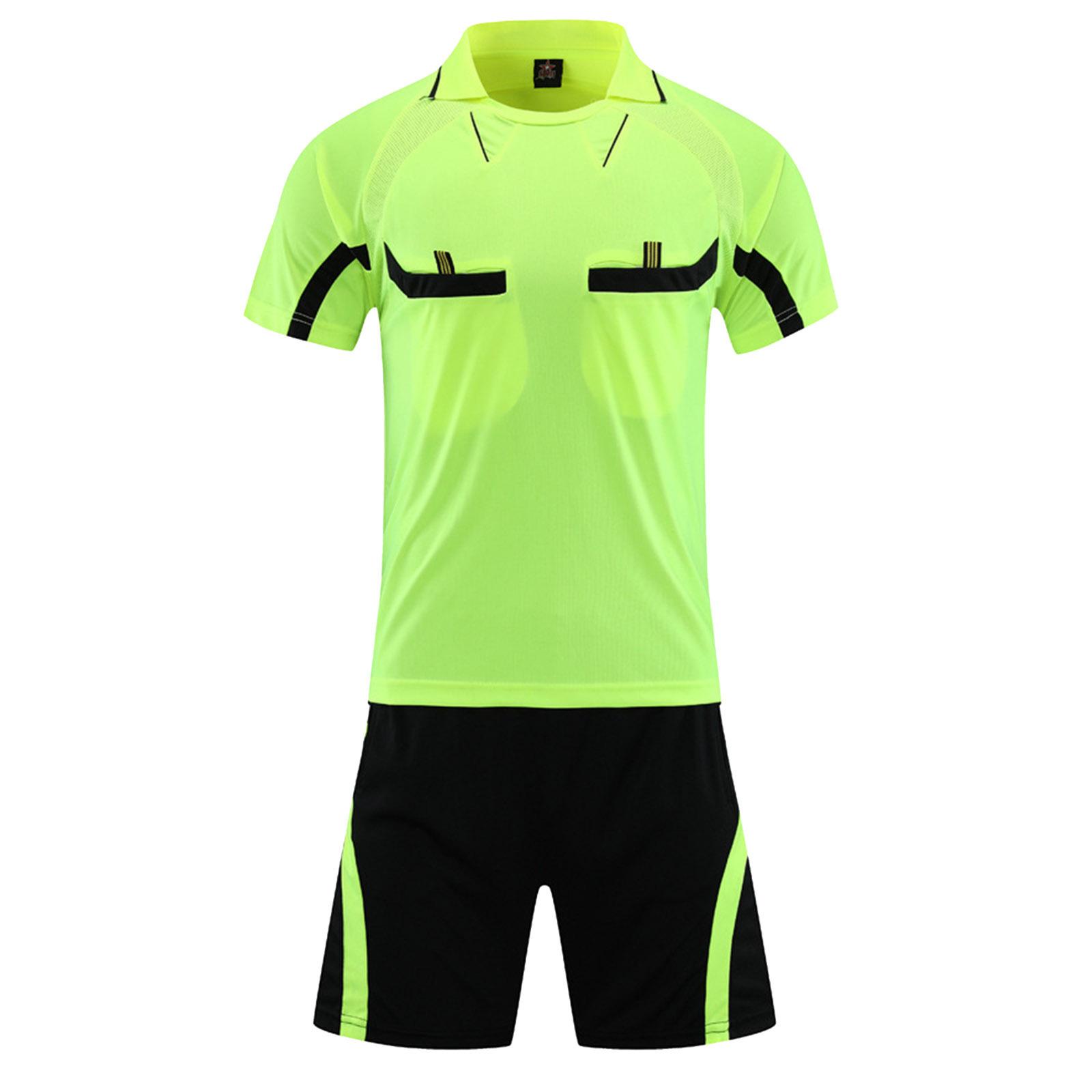 

Men Referee Tracksuit Contrast Color Turn Down Collar Short Sleeve Pocket T Shirt Elastic Waist Shorts Football Uniform XL зелений