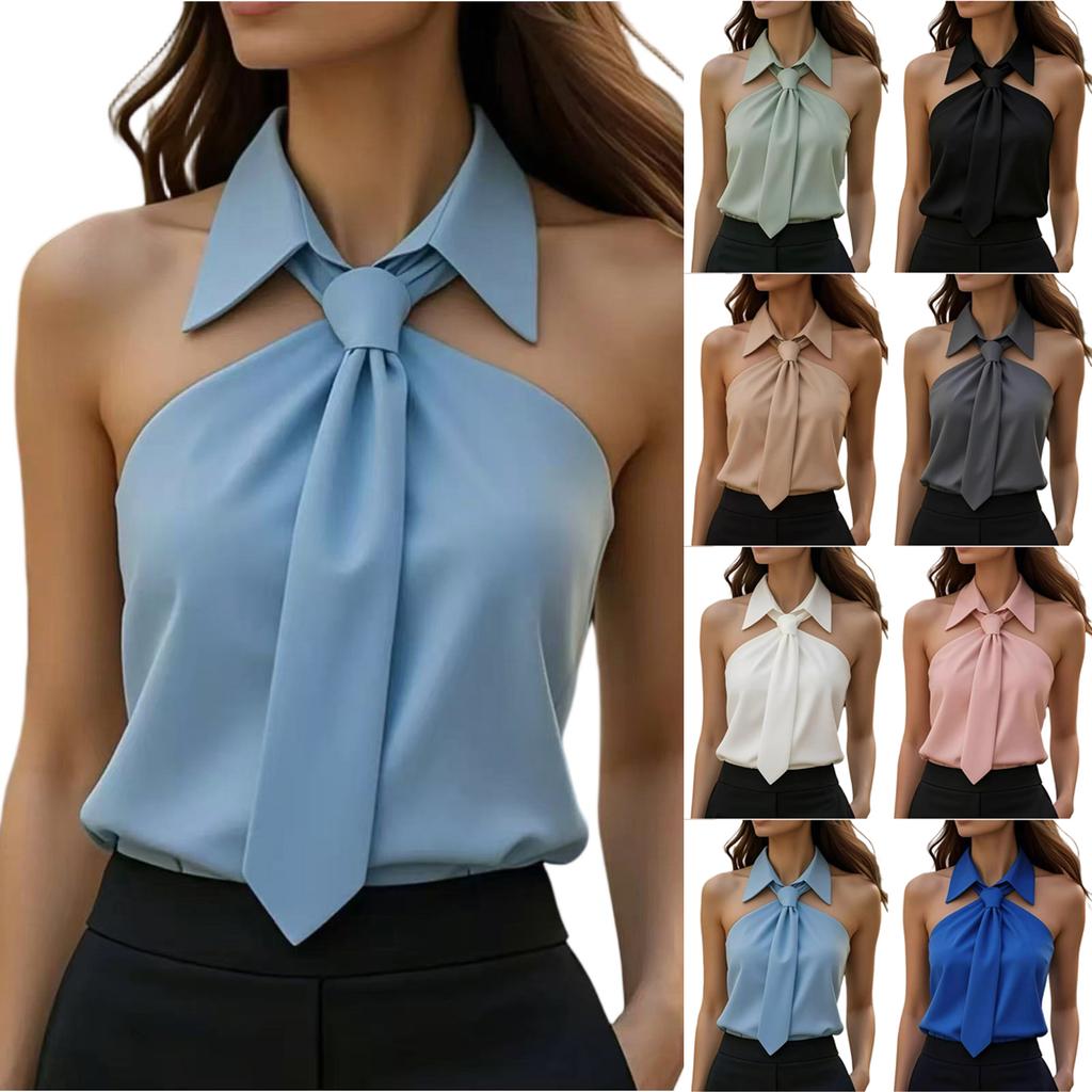 Mode Femme Couleur Unie Sans Manches Col Cravate Chemise Débardeur