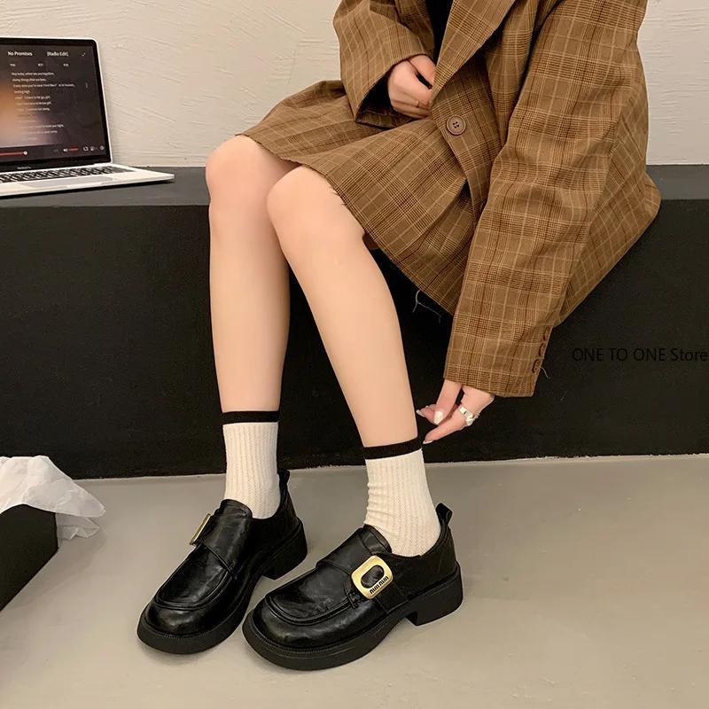 Fashion Vintage Thick Soled Loafers Women Shoes 2025 Autumn New Mary Jane Coarse Heel Round Head Versatile Fashion British Leather Shoes
