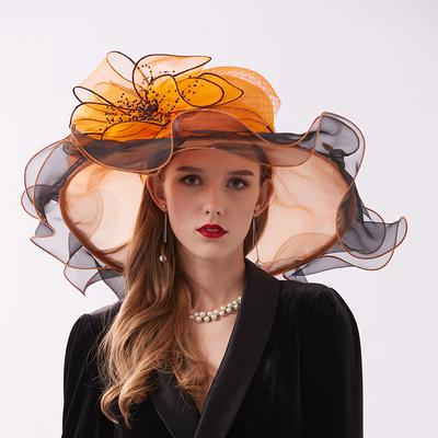 Elegant Flower Organza Derby Hat Solid Color Wide Brim Sun Hats Wedding Tea Party Breathable Beach Hat for Women Girls