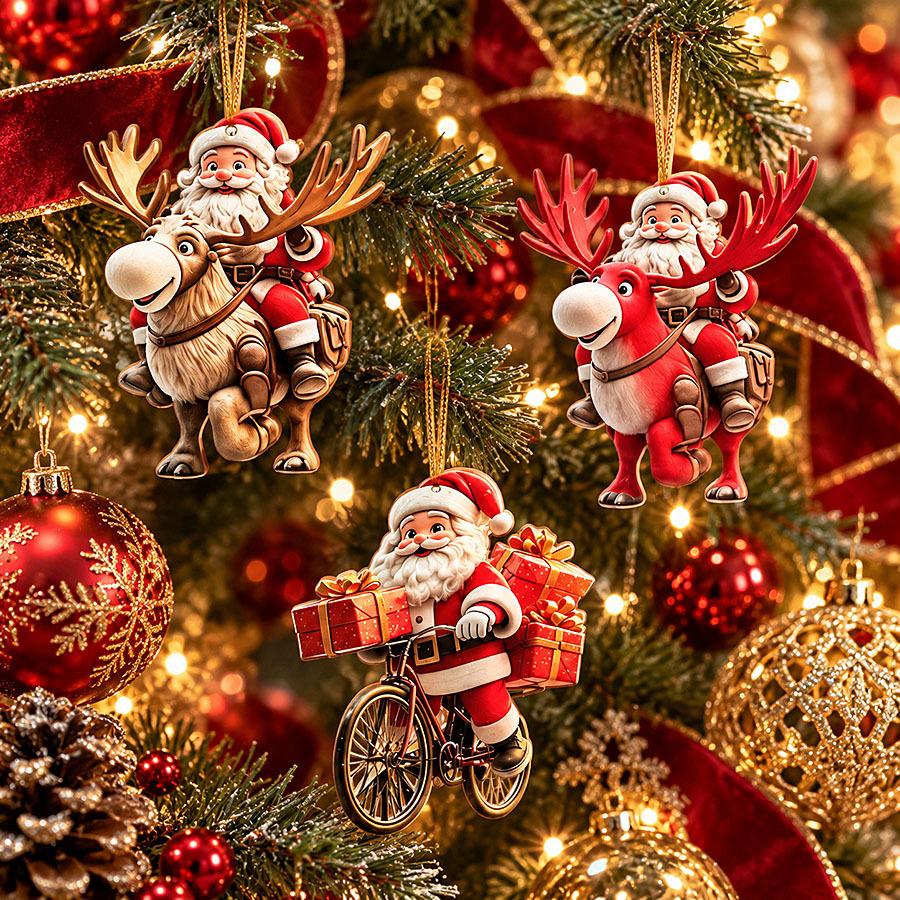 12pcs Santa Claus Wooden Hanging Ornaments, 2D Flat Christmas Tree Decor, Xmas Home Hanging Decoration Set