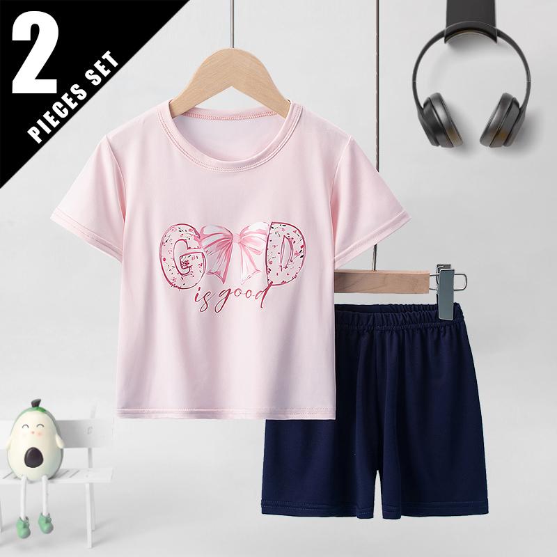Kids' Two-piece Set with Short Sleeves and Shorts, Sweet Pink for Girls, Casual and Versatile, Comfortable and Easy-going