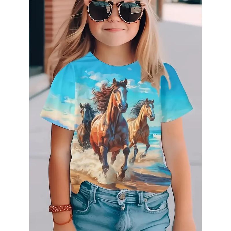 2025 Kinder-T-Shirt Neu Tier Pferd 3D-Druck Jungen- und Mädchen-T-Shirts Mode Kurzarm
