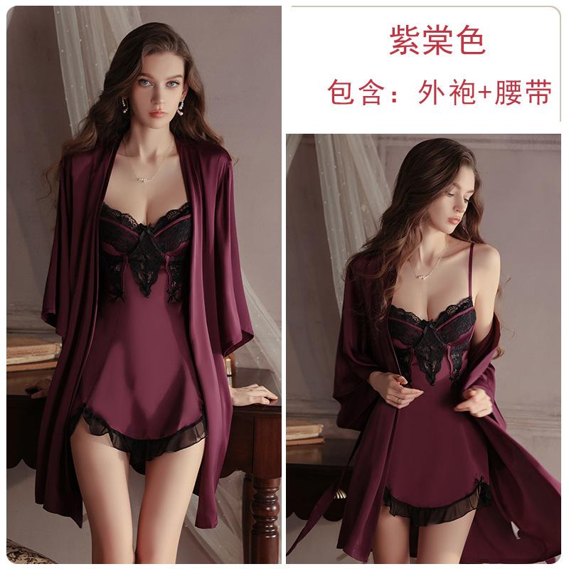 Sweet Embroidered Lace Plus Chest Pad Deep V Seduction Satin Nightdress Robe Women's Home Set