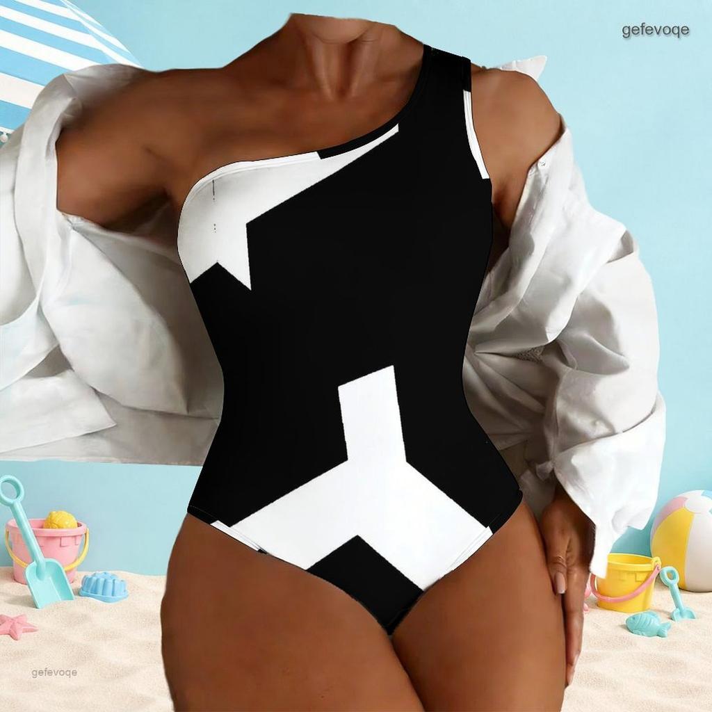 Women Plus Size One Shoulder One Piece Swimsuit Asymmetric Neck Black White Print