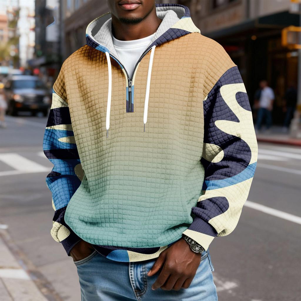 Men's Half-Zip Hooded Plaid Pullover Drawstring Print Casual Sports Sweatshirt