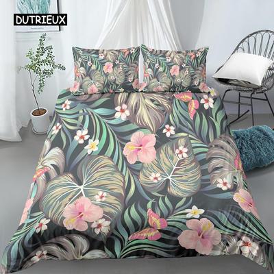 Blätter und Blumen Bettbezug-Set King Size Palmblätter Rosa Blumendruck Steppdeckenbezug für Mädchen Jungen Polyester 2/3-teiliges Bettwäscheset