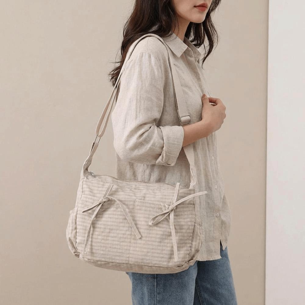 Multiple Pockets Nylon Shoulder Bag Grid Hobo Bag Sweet Bow Crossbody Bag  Outdoor