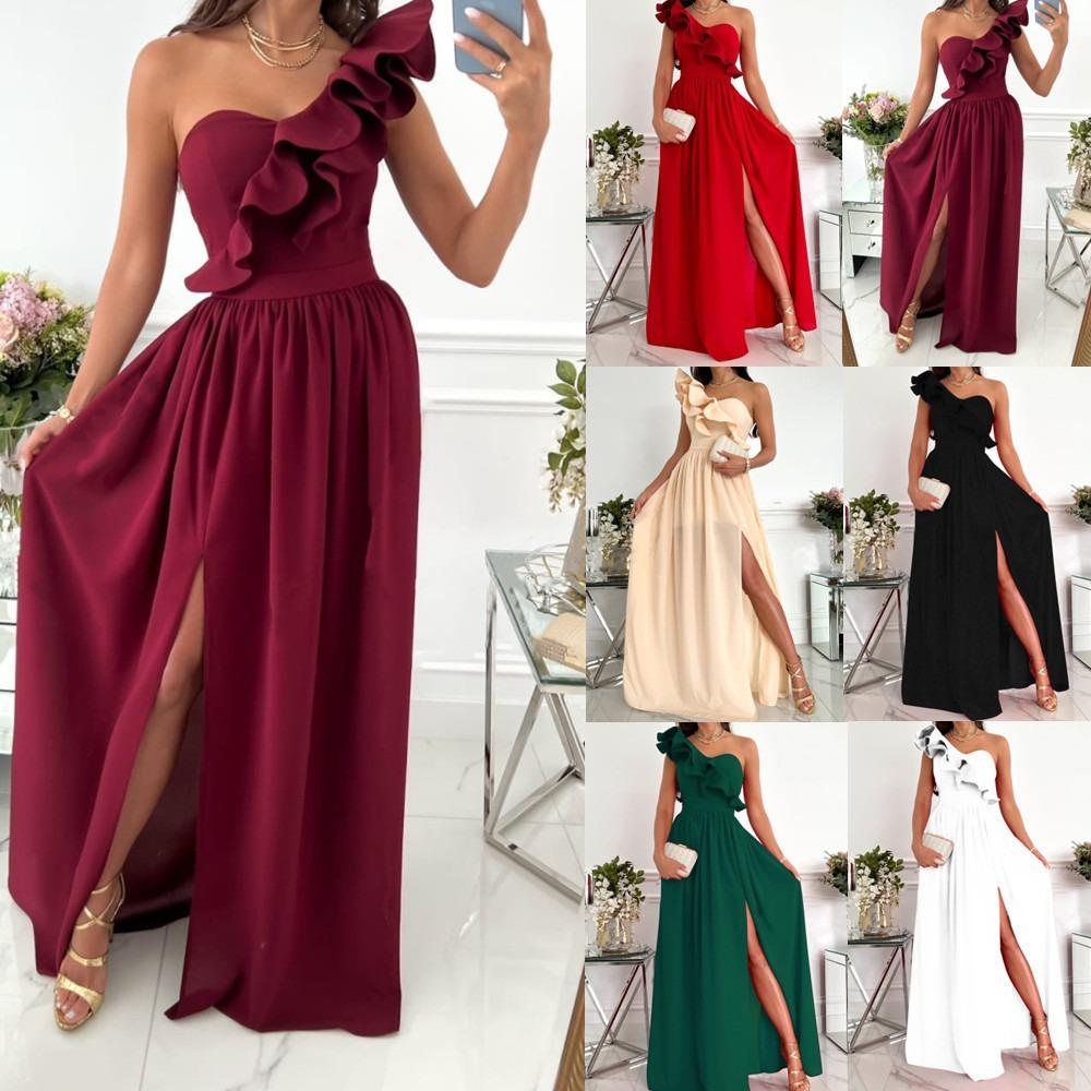 Women's One Shoulder Ruffle Maxi Dress A-Line High Waist Side Slit Solid Formal Evening Party Long Dress