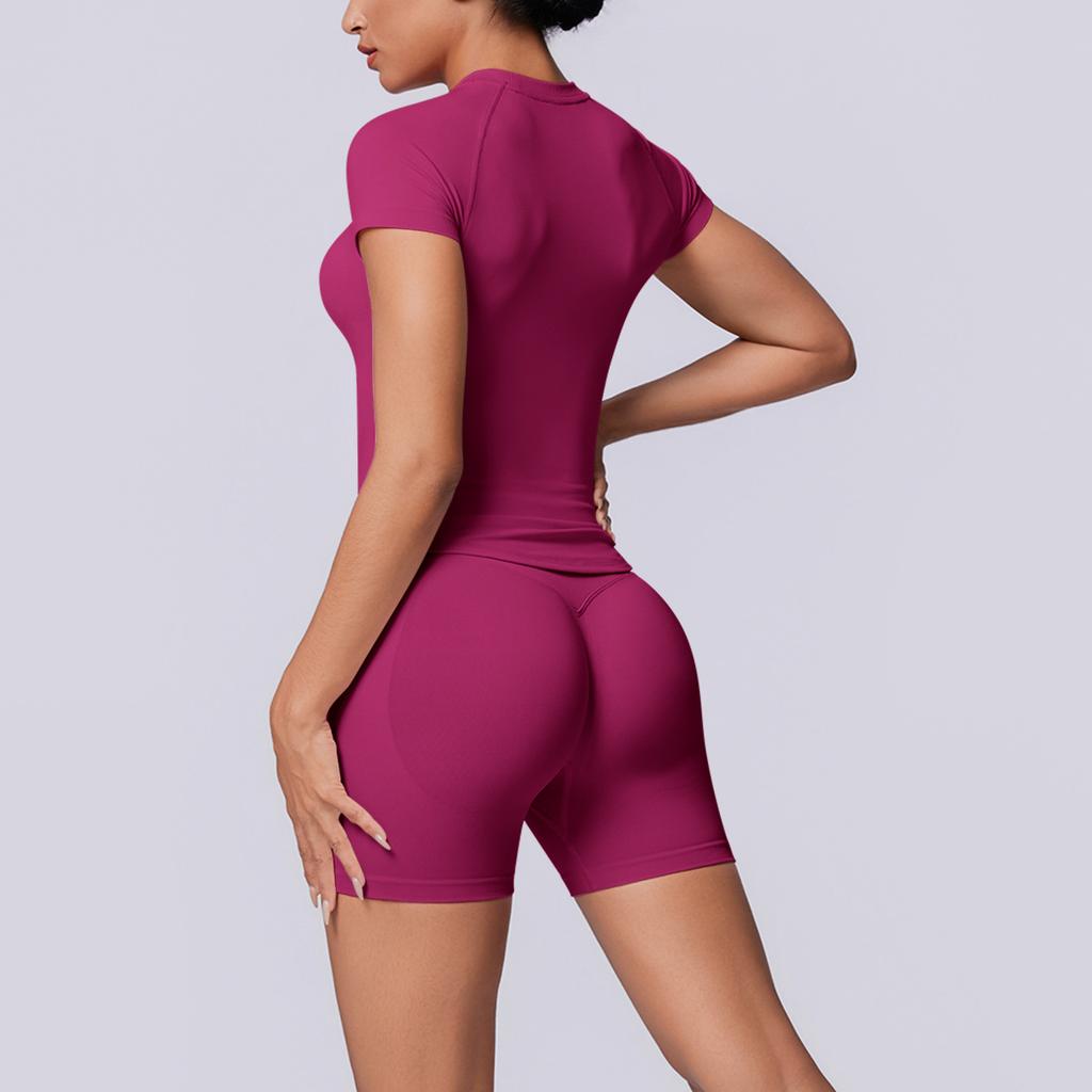 European and American seamless solid color breathable tight high elastic short-sleeved shorts set sports running fitness yoga clothes women