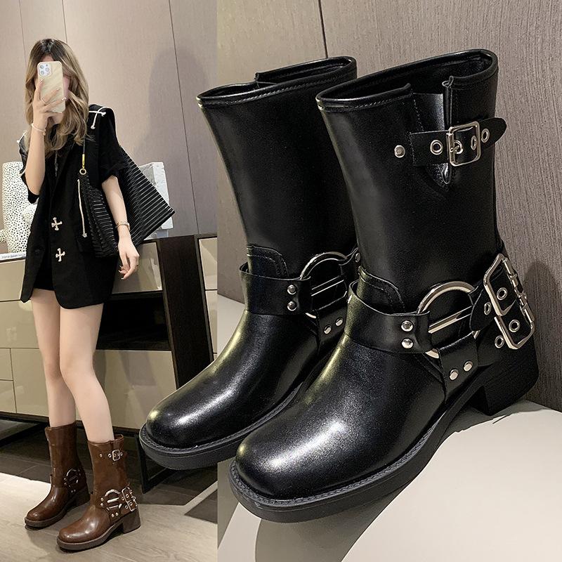 Knight Boots Women's 2025 Autumn and Winter New Square Head Brown Medium Tube Martin Spice Girl Retro Thick Heel Western Cowboy Boots