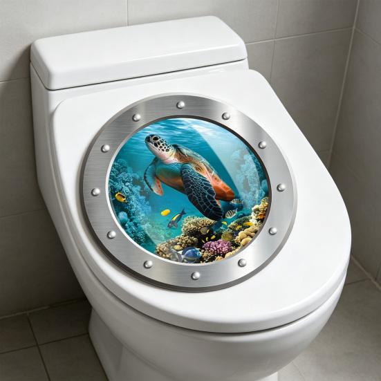 3D Meeresschildkröte Toilettenaufkleber Unterwasser U-Boot Fenster Muster Selbstklebender Toilettendeckel Aufkleber Wasserdichter Badezimmer Wandaufkleber für Badezimmer Schlafzimmer