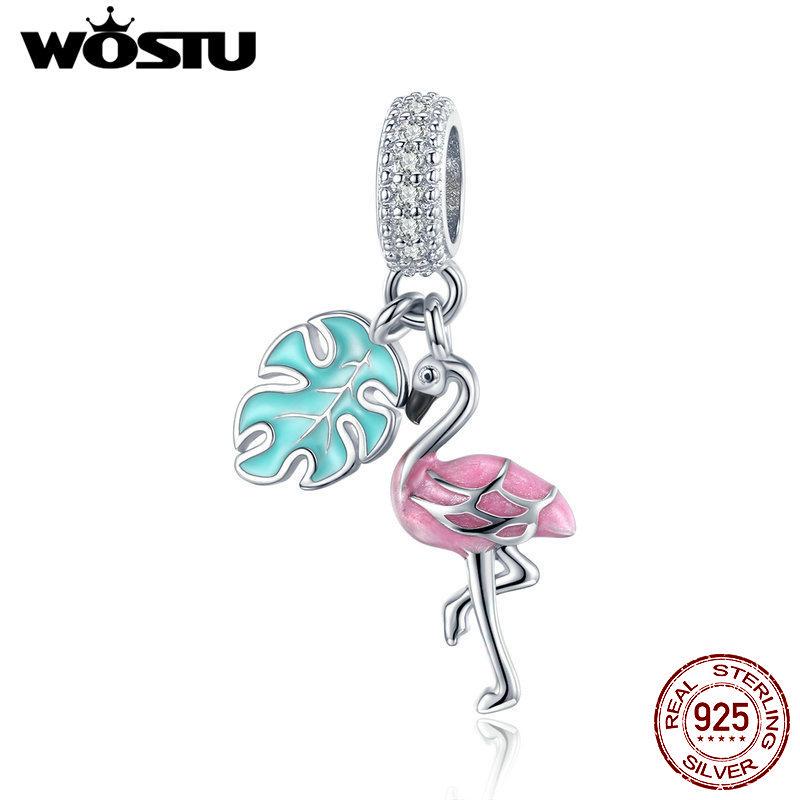 

Подвеска WOSTU из стерлингового серебра 925 пробы, летняя розовая эмаль, подвеска с фламинго, подвеска для браслета 925 silver