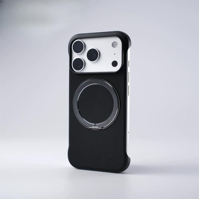 model of frameless leather grain ring holder Magnetic Case For iPhone17 Pro Max 16 15 14 Magsafe Thin Heat Hissipation Cover