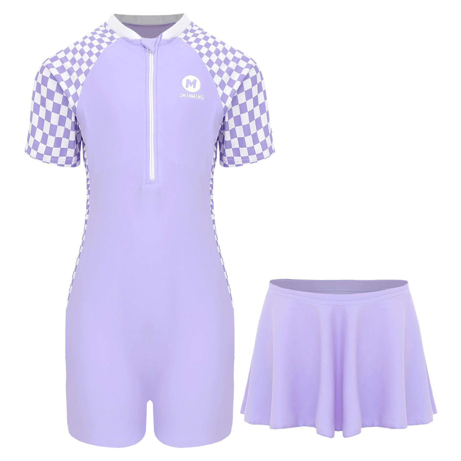 

Girls 2 Piece Swim Set Boycut Bodysuit Swim Skirt Cover Up UPF 50+ Rashguard Bathing Suit 14-15 Years фіолетовий