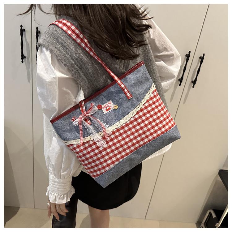 Korean Style Plaid Denim Shoulder Bag Sweet Bow Knot Crossbody Tote for Women CLE