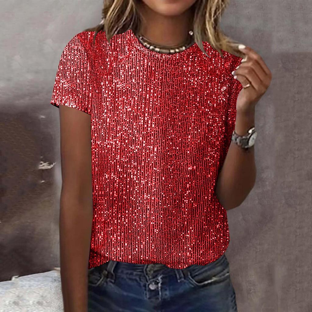 Women's Fashion Casual Short Sleeve Glitter Sequins Round Neck Top