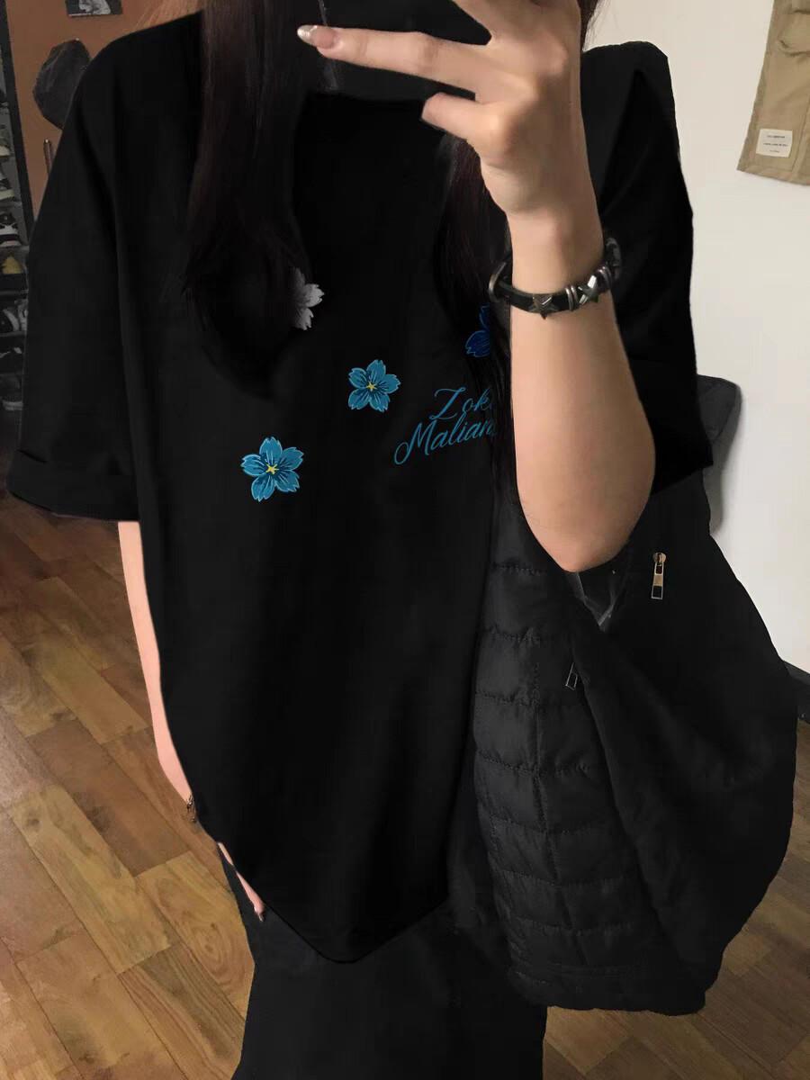 

Blue Flower Cotton Short Sleeve T-Shirt Women s Guochao Printed Casual Top Half Sleeve XXXL
