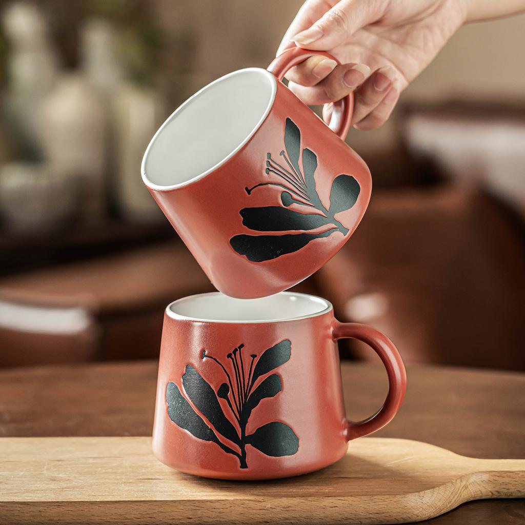 Retro Style Cup Orange Mug Ceramic Coffee Cup Household Water Cup Breakfast Milk Cup Creative Flower Tea Cup