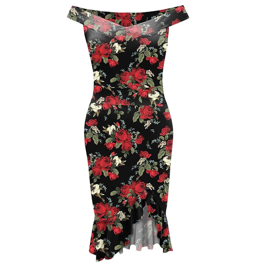 Fashion Women's Loose Sexy Prints One Shoulder Irregular  Ruffle Hip Dress