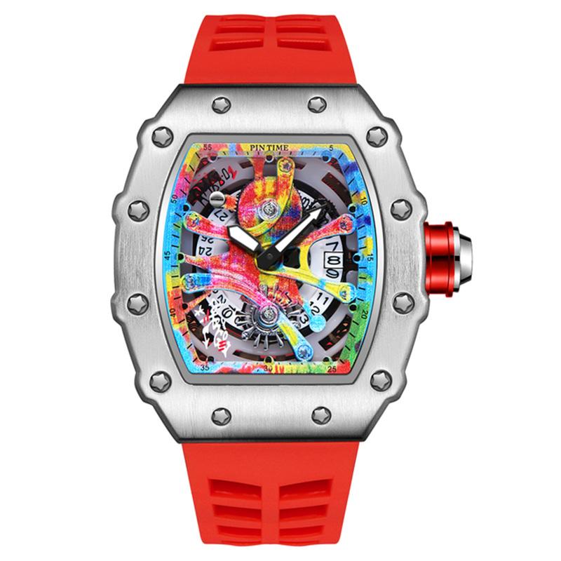 PINTIME Модные часы Мужские Хип-хоп Спортивные Мужские часы Мужские Силиконовый ремешок из каучука Бочкообразные часы красный/серебряный