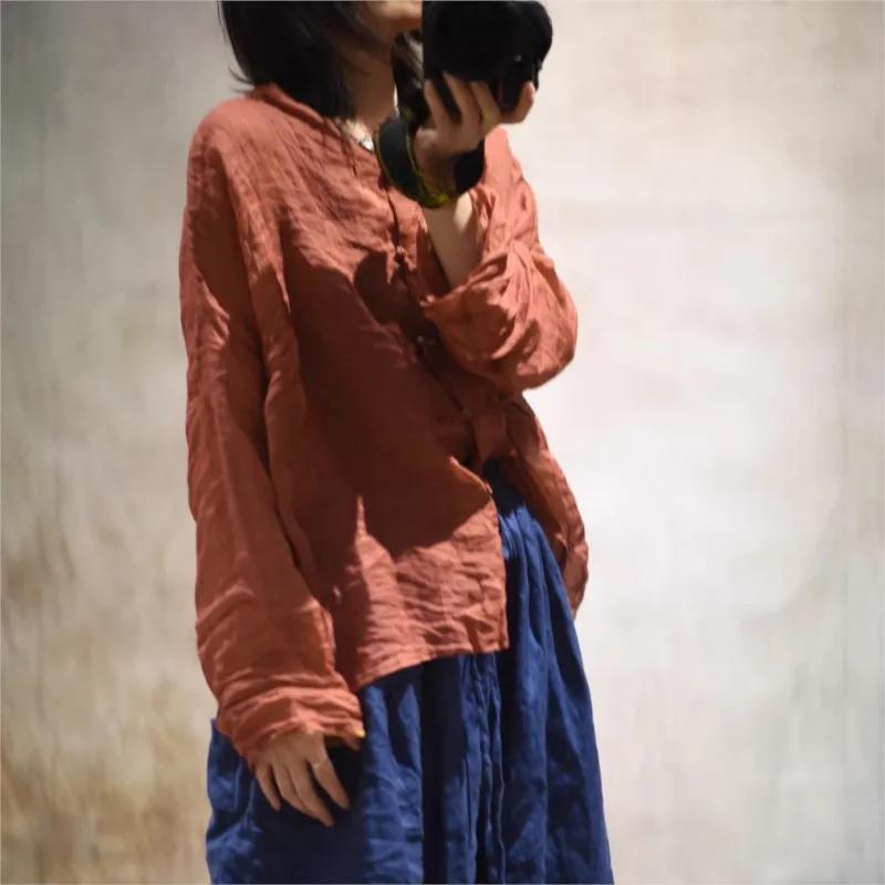 Johnature Women Vintage Shirts Tops Stand Long Sleeve Blouses Spring Solid Color Button Chinese Style Shirts